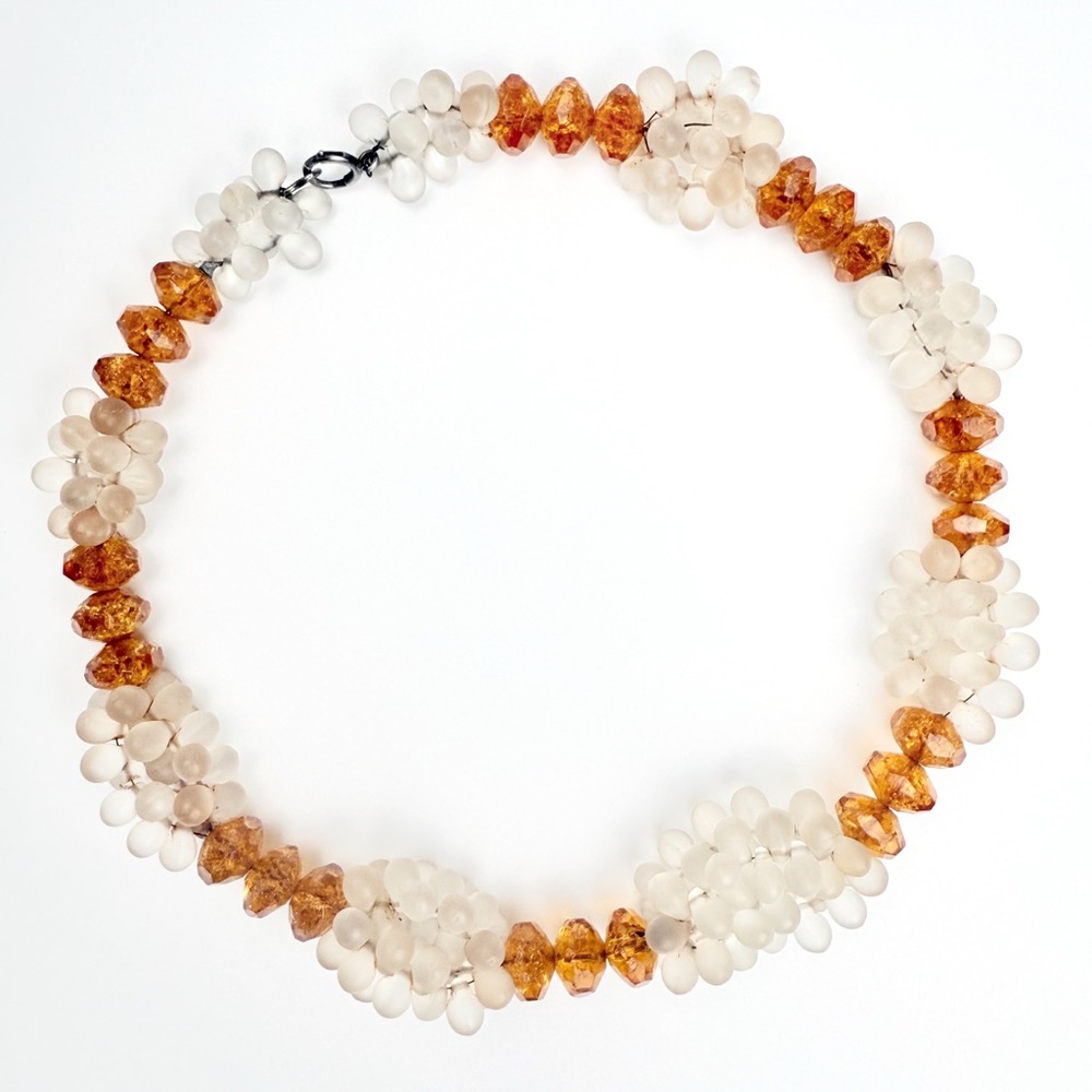 Vintage Art Deco French Czech Faceted Amber Crackle Glass Cluster Bead Necklace